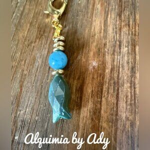 Sardine fish and aquamarine bag charm key card holder keychain